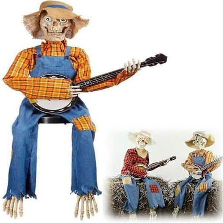 Sjovt Animeret Duellerende Banjo Skelet, Animeret Bevægelses-/Lydaktiveret Musikalsk Flersproget Banjo Skelet Duo Halloween Efterår Indendørs 