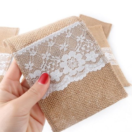 5 stk. Bestikpose Burlap og Blonder Bestikholder Rustik Naturlig