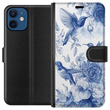 Kompatibelt Plånboksfodral till Apple Apple iPhone 12 mini Fåglar och blommor blå romantiskt mönster