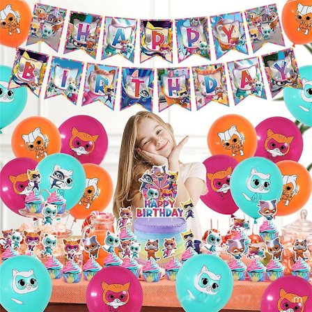Super Kitty -sarjakuva-aiheinen syntymäpäiväjuhlan koriste- ja tarvikesarja lapsille, sisältää Happy Birthday -kyltin, kakku-/kuppikakkukoristeet, 