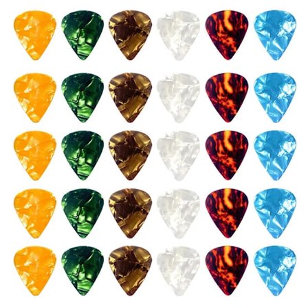 30 kpl Kitaran plektroja 0,5 mm 0,75 mm 1,0 mm Ohuet vaihtelevat värikkäät sydän selluloidiplektrat basso sähkökitara akustinen kitara ukulele KAESI