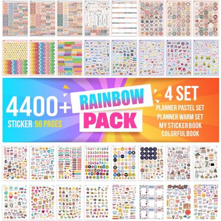 Tarra-arkki, 1600 tarraa, tarra-albumi, leikekirjan tarvikkeet, Bullet Journal, tarrat regnbåge pack