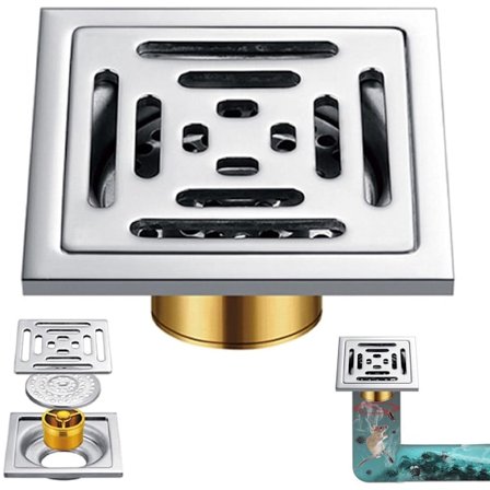 ING Golvbrunn - med luktsäker golvbrunnsinsats - 10×10cm kvadratisk - Rostfritt stål - Avtagbar filterpatron