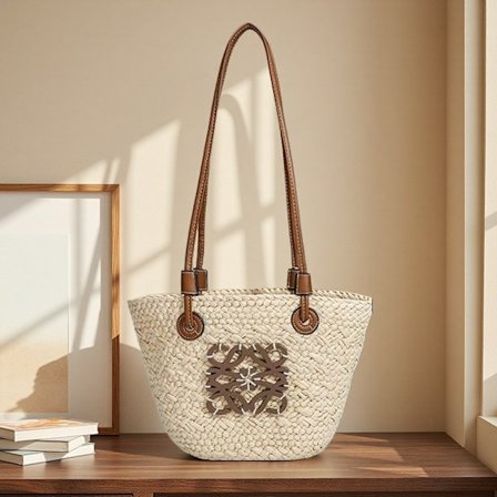 Fransk håndvevd veske, stor kapasitet, stråveske, tote bag, skulderveske i feriestil