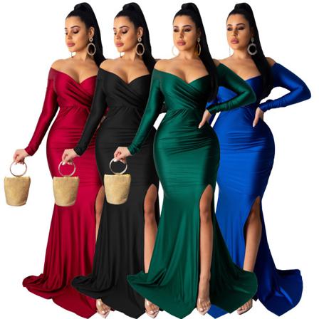 Kvinnors Off Shoulder Hög Delad Lång Aftonklänning Green 2xl