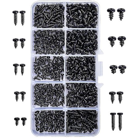 500 stk Svarte Selvskjærende Skruer Sortimentsett, Flatt Hode Phillips Karbonstål Selvskjærende Skruer Med Boks For Myk Metall Tre Plast M2 M2.3 M2.6
