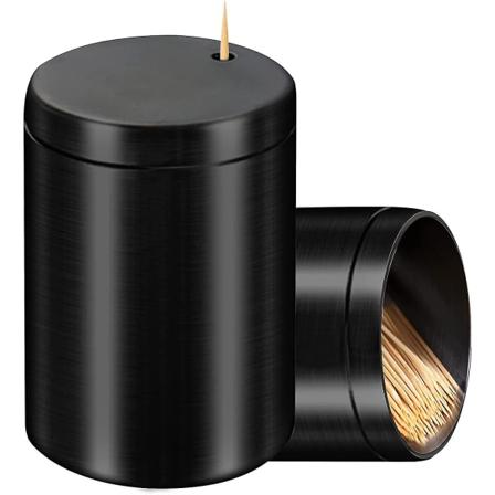 Ruostumattomasta ter ksest valmistettu hammastikkujen annostelija, paksuuntunut hammastikkujen s ili musta