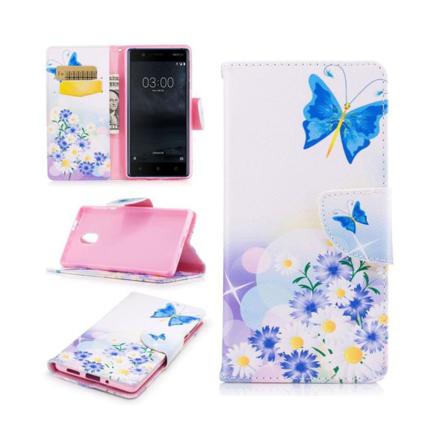 Nokia 3 Läder Fodral Med Trendigt Motiv - Fjäril Och Blommor