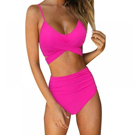 Badedrakter for kvinner todelt badedrakt BH-topp med høytlivsbukse Wrap Bikinisett, Rose Red M-størrelse