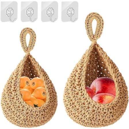 QU-2-pakkaus Riippuvat Hedelmäkorit Punotut Riippuvat Hedelmäkorit Keittiöön Hedelmien Säilytykseen, Seinään Asennettava Hedelmäkori Koukuilla