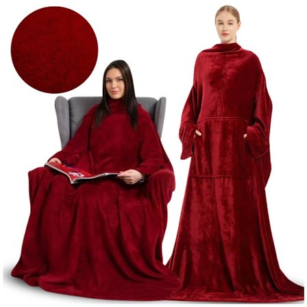 Filt med Ärmar, Stor Röd Fleecefilt, TV-Filt, 2-i-1 Överdimensionerad Vinterfilt_MGF