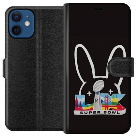 Kompatibel Tegnebogsetui til Apple iPhone 12 Bad Bunny portræt med åben skjorte, tatoveringer og krøllet hår i stilfuld modefotografering