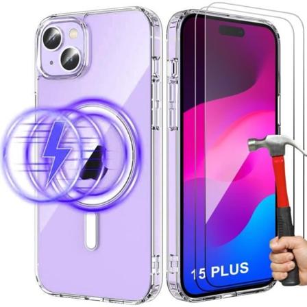 Cover til iPhone 15 Plus med magnetisk cirkel + 2 transparente hærdede briller Transparent
