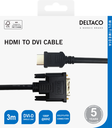 Deltaco HDMI to DVI cable, 1080p, DVI-D Single Link, 3m, black