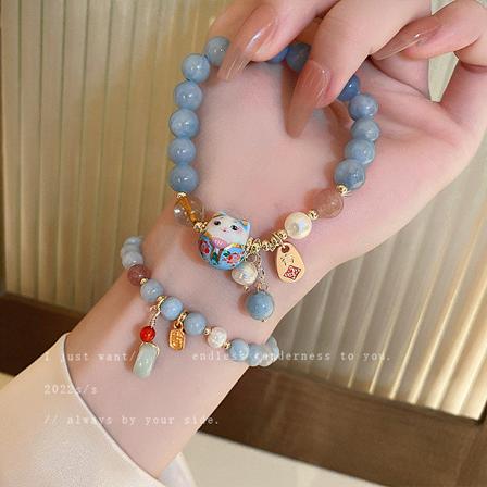 Modepärla Kristall Kattarmband Söt Temperament Flickarmband Nischdesign Personlighet Smycken (2 Lyckokatt Jadehänge)