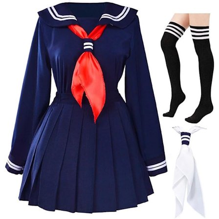 Japansk skolejenteuniform, matros marineblå plissert skjørt anime cosplay kostymer med sokkesett