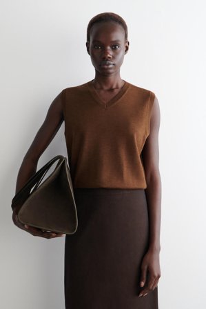 COS Women's Merino Wool V-Neck Vest in Brown