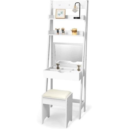 COSTWAY sminkebord/makeupbord med spejl og skammel, moderne kosmetikbord med 2 hylder og 3 kroge, hvid