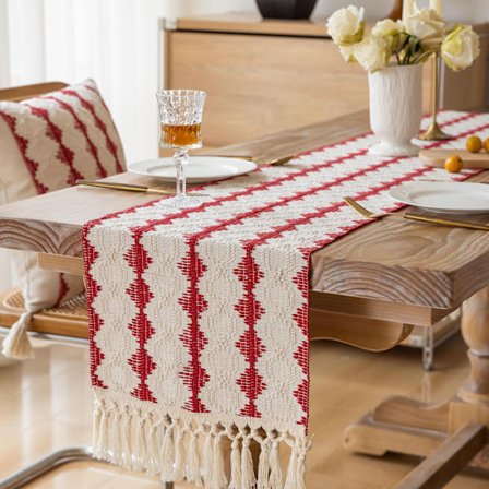 Röd Rutig Bordslöpare i Lantlig Stil med Tofsar för Matsal Köksinredning 183x33cm