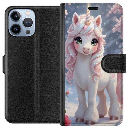 Yhteensopiva Lompakkokotelo Apple iPhone 13 Pro Max Pastellfärgad enhörning med regnbågsmane och stora ögon i sagolik vintermiljö