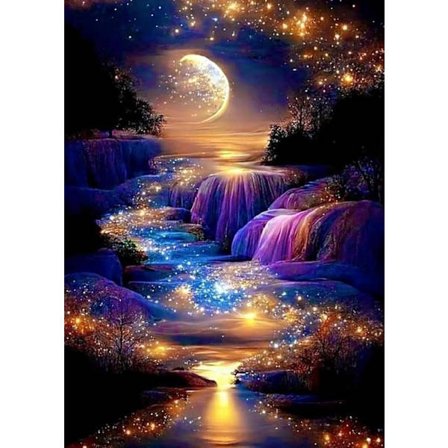 Diamantmaling Månefoss - 5D Nattlandskap Diamantkunst 30x40 cm