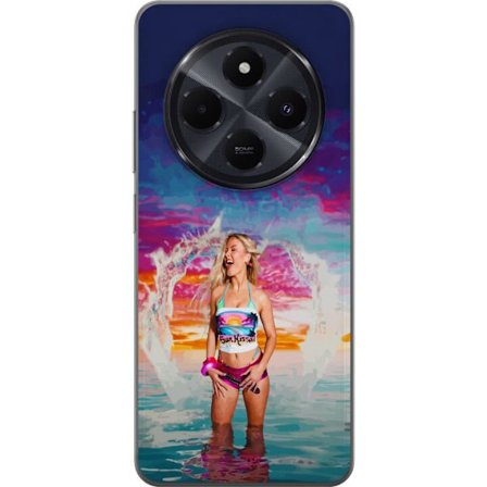 Kompatibel Mobilcover til Xiaomi Redmi A4 Blond kvinde i farverigt strandtøj, der leger i havet ved solnedgang