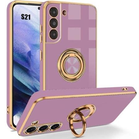 Fodral för Samsung Galaxy S21, lila, stötsäkert mjukt TPU-fodral med 360° roterande ringhållare, pläteringsstil