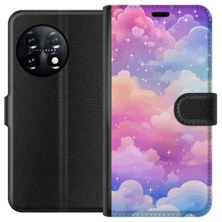 Kompatibelt Lommeboketui til OnePlus 11 Søt enhjørning med regnbuefarget hår mot en stjernebelagt pastellbakgrunn i kawaii-stil