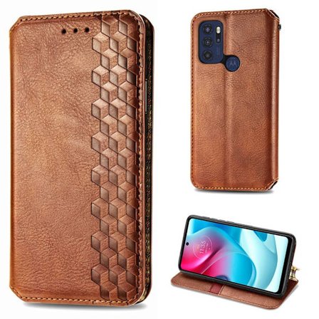 Nahkakotelo With A Stylish Rhombus Imprint For Motorola Moto G60s - Ruskea