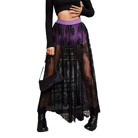 Naisten läpikuultava pitsihame korkea vyötärö A-linjainen pitkä hame