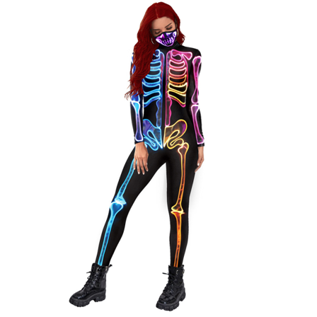 Skelettdräkt Halloween Dekoration Cosplay Jumpsuits Färgglad Skelett Kropp 3d Stretch Skinny L Colorful L