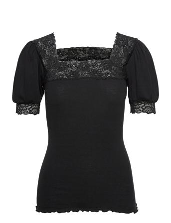 Organic T-Shirt Ss W/Lace Black Rosemunde