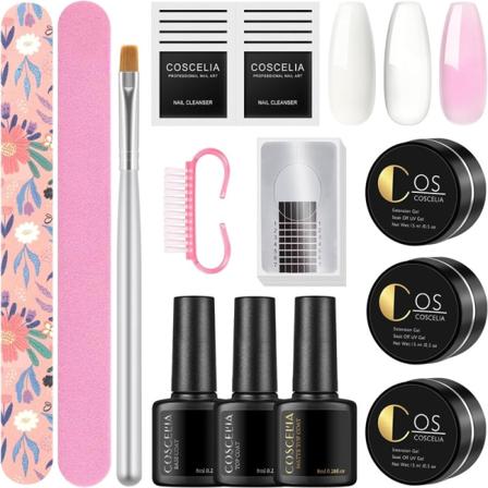 Nail Extension Builder Nail Gel Klar, ljusrosa och vit med matt topplack och nagelspetsar
