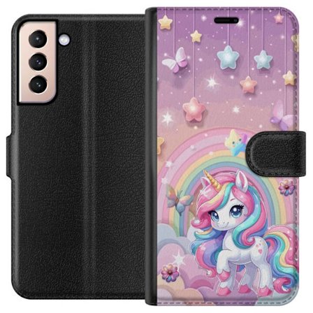 Kompatibel Tegnebogsetui til Samsung Galaxy S21 Magisk enhjørning med regnbue manke, stjerner og sommerfugle mod en pastelfarvet himmel med skyer