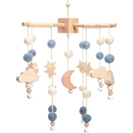 Trämobil för bebis + garnboll, vindspel, skötbord (Blå måne)
