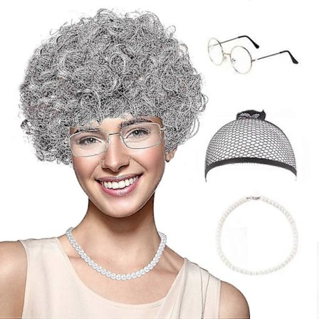Gammal Dam Peruk, Granny Cosplay Peruk Med Hår, Halloween Kostym (FMY)