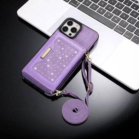 Etui til iPhone 13mini tri fold snorveske lilla tri fold veske diamant kortholder