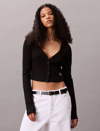 Calvin Klein Jeans A-Ls Woven Label 2X2 Cotton Rib - Black - M