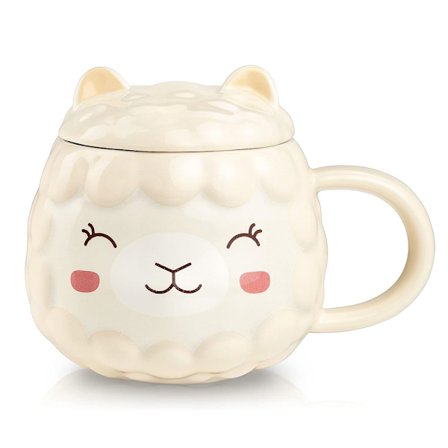 Kaffekopp, alpackakopp med lock, 380ml kaffekopp, djurkopp alpacka gul present.