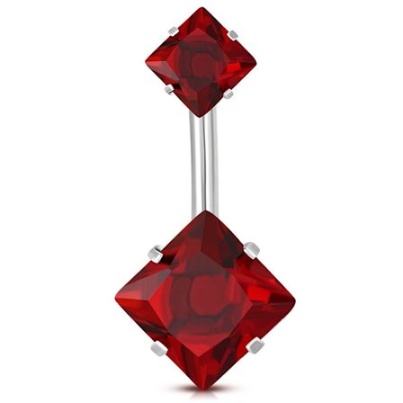 Navelpiercing Navel Piercing i Kirurgiskt Stål 316L i Silver Färg - Dubbla Fyrkantiga Röda Cubic Zirconia Kristaller