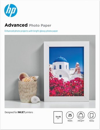 HP Advanced Photo-papper, glättat, 250 g/m2, 13 x 18 cm (127 x 178 mm), 25 ark, 882780349643
