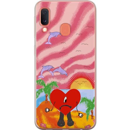 Kompatibelt Mobildeksel til Samsung Galaxy A20e Bad Bunny i en fargerik quiltet jakke med hjertemønster og solbriller i moderne gatestil