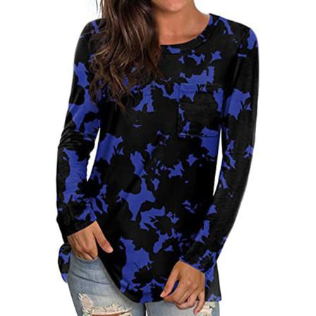 Print För Damer, Geometrisk Långärmad T-shirt Med Ficktoppar