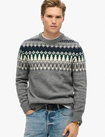 Superdry Fairisle Knit Crew Jumper - Grey - XL