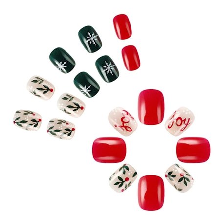 Jule Full Cover Påsætningsnegle Snefnug Tryk På Negle Korte Firkantede Kunstige Negle Grønne Kunstige Negle til Vinter [HK]