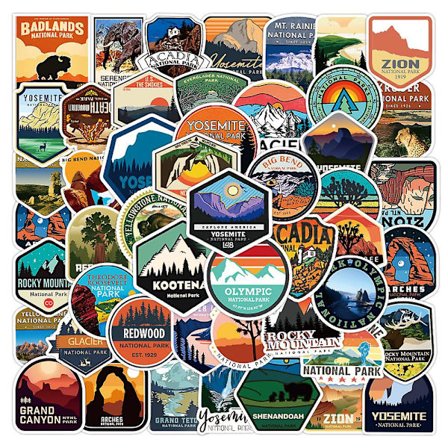 Nasjonalpark klistremerker 50 stk utendørs eventyr fotturer landemerke reise estetiske gaver for reiseelskere egnet for bil støtfanger bagasje 