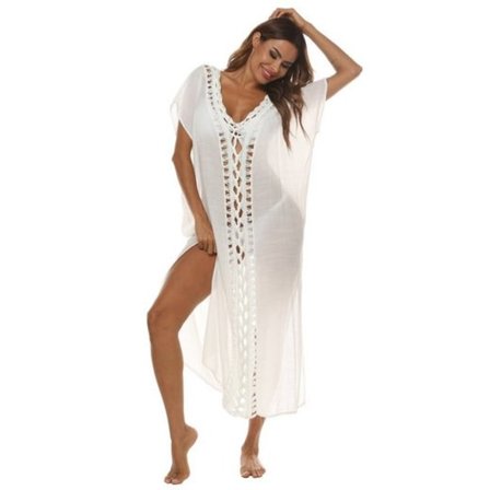 Løstsittende strandkjole med heklemønster wh