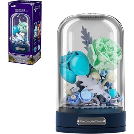 Byggesæt med blomsterbuket med musikboks og støvtæt kuppel, DIY simuleret kunstig partikelblomst serie byggeklodser legetøj, boligindretning