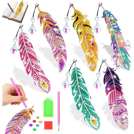 Håndverkskunstsett, en gave til jenter i alderen 7-10 år, DIY diamantmalingssett med krystallanheng, 5D diamantmalingsbokmerke, fjærform (6 stk)