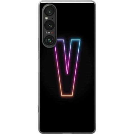 Kompatibelt Mobildeksel til Sony Sony Xperia 1 VI Neonbokstav V i fargegradert lys mot svart bakgrunn, minimalistisk design med tydelig glow og modern